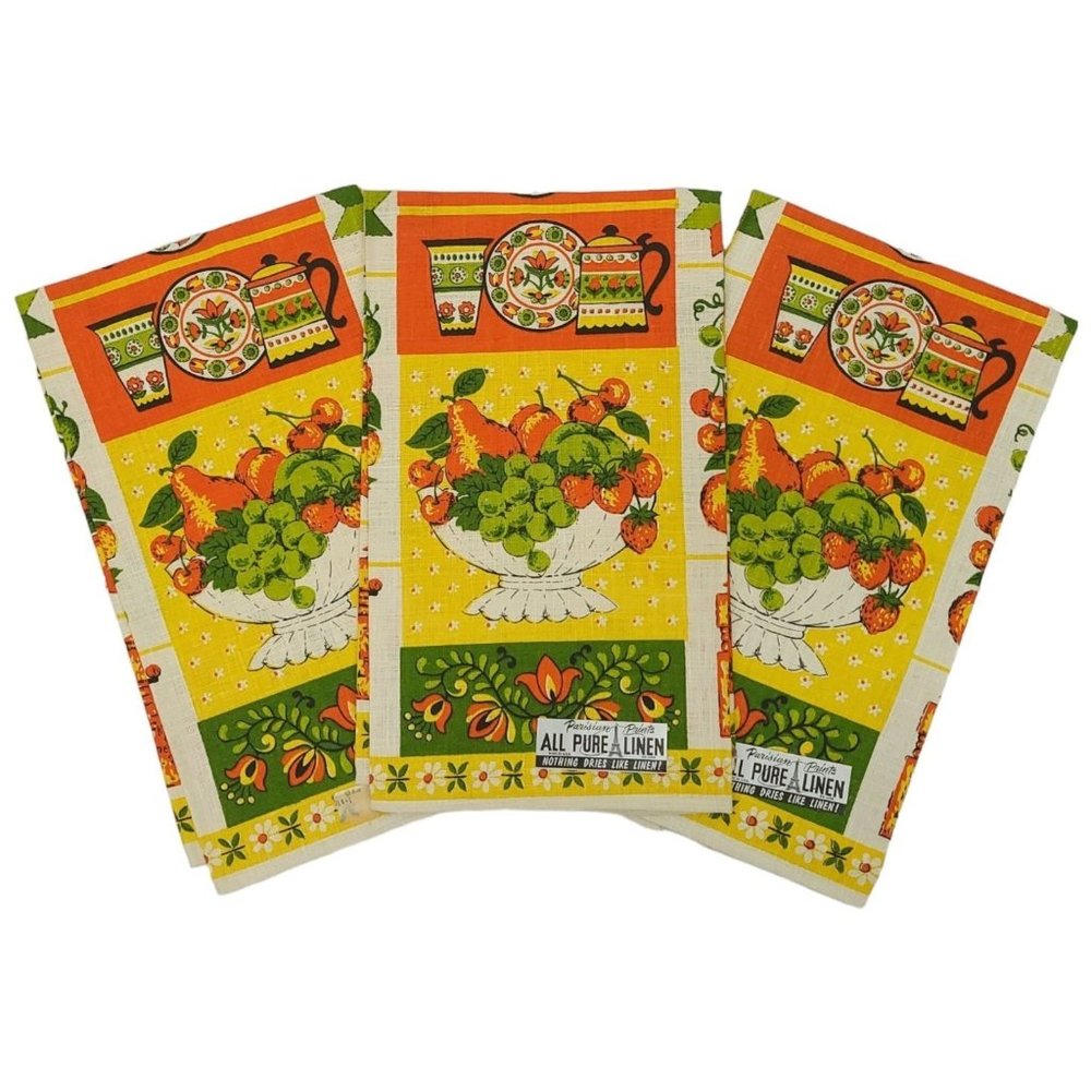 Parisian Prints Tea Towel Fruit Bowl Floral Kettle All Pure Linen NOS Lot of 3